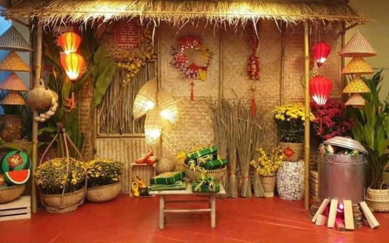 Decor tiểu cảnh ngày Tết xưa ở cửa văn phòng