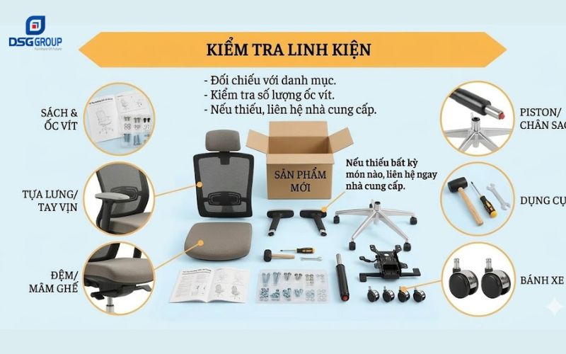 Kiểm tra các linh kiện dụng cụ trước khi lắp ráp ghế