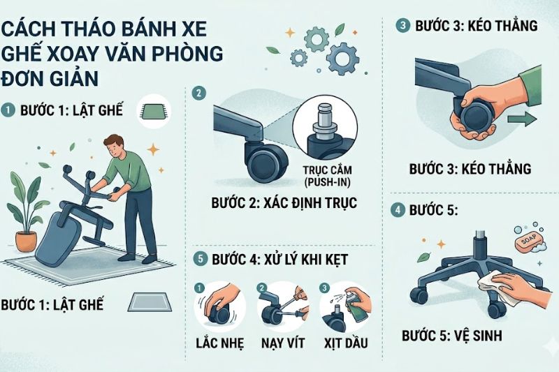Hướng dẫn cách tháo bánh xe ghế xoay qua các bước đơn giản