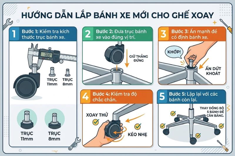 Hướng dẫn cách lắp bánh xe mới dành cho ghế xoay