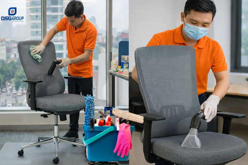 Các dụng cụ chuẩn bị vệ sinh đệm lưới ngồi làm việc